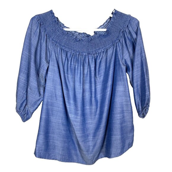 Lane Bryant Tops - Lane Bryant 3/4 Sleeve Off the Shoulder Chambray Smocked Blouse Top Womens 14 16